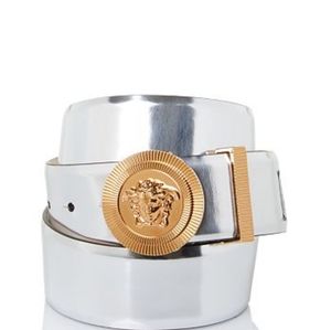 Mens VERSACE Biggie Medusa Laminated Leather Belt Silver
